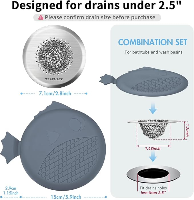 TRAPMATE Bathtub Drain Stopper & Shower Hair Catcher, Shower Drain Cover/Silicone Drain Cover/Sink Drain Plug for Shower, Bath, Kitchen Sink (Patented)