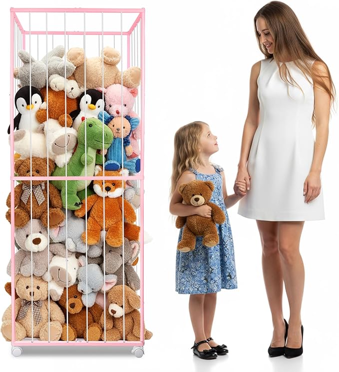 Stuffed Animal Storage, Metal Tube Extra Large Toy Storage Organizer with Brake Wheels, Stuffed Animal Holder Zoo Organizer for Nursery Playroom Kids Room Pink(61” x 23.6”x 16.5”)