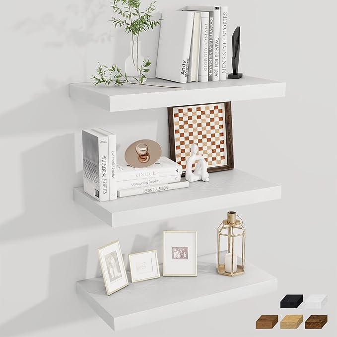 Fun Memories 24 x 12 Inch Deep Floating Shelves, 12 Inch Deep Rustic Wooden Book Shelf, Extra Deeper & Thicker Hanging Shelves for Living Room, Bathroom, Bedroom, Kitchen, Office, Set of 3 (White)