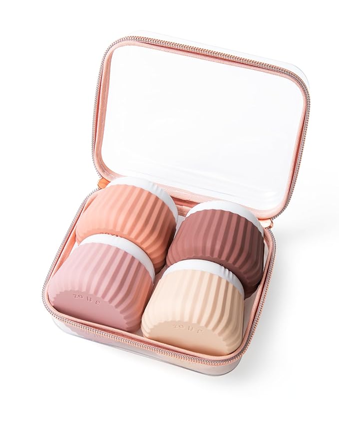 Travel Containers for Toiletries 4 Pack, Clear Hard Zipper Case, TSA Approved Travel Size Toiletries, With Clear Bag Leak Proof Silicone Jars, Creams Jars Carrying Small Items