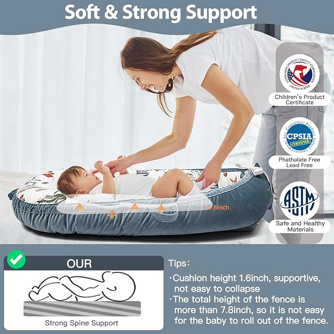 Baby Lounger-Breathable and Soft Organic 100% Cotton, Portable Infant Lounger with Removable Lounger Cover, Baby nest Lounger for Newborn - Sea World