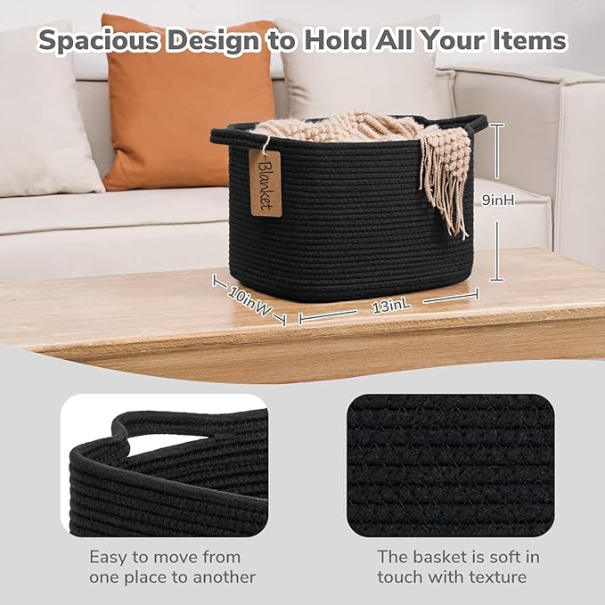 Goodpick Black Storage Basket for Shelves, Woven Baskets for Storage, Toy Baskets Storage Kids, Towel Basket with Handles for Living Room, Bathroom, 13 x 10 x 9 Inches