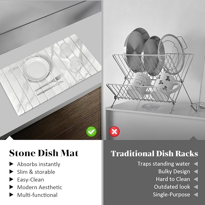 Large Stone Dish Drying Mats for Kitchen Counter, 28"(L)×16"(W) Marble-Pattern, Fast Drying Collapsible Dish Drying Mat, Eco-Friendly Absorbent Diatomaceous Earth Mats for Match Countertop