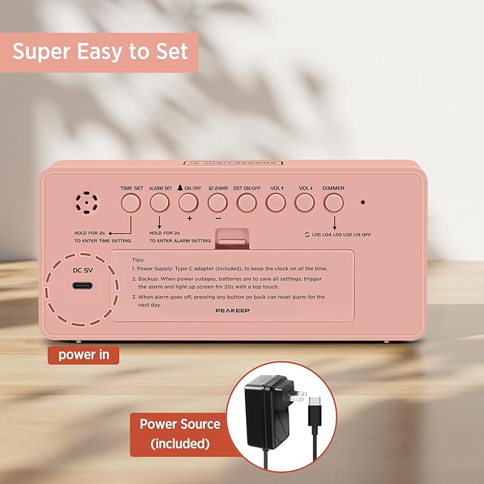 Peakeep Digital Clock, Alarm Clock Battery Backup Powered for Bedrooms - Mirror Face Large Numbers 6 Dimmers for Seniors, Super Loud for Heavy Sleepers (Pink)