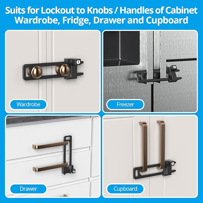 AST Keyed Cabinet Lock, 2 Locks 4 Keys Keyed Alike, Effective Childproof Cabinet Latch to Lockout Knobs and Handles, For Kitchen drawer Storage Cupboard Closet, Adjustable, Made of Metal (Matte Black)