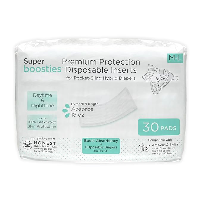Overnight Diaper Leak Stopper, Super Boosties Disposable Inserts, Use with Pampers Sizes 4-6, Honest Hybrid Diaper Cover Sz Medium/Large, Amazing Baby Cover Sz 3/4, 4.3x13 in, 30 Count