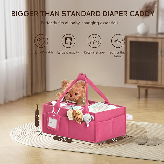 GEMII Diaper Caddy Organizer-Large Baby Caddy Organizer with Handle, Newborn Registry Essentials, Baby Shower Basket Gifts for Boys or Girls (Pink, Large)