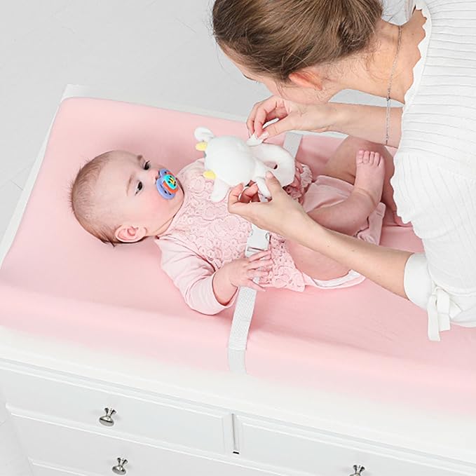 TILLYOU Changing Pad Cover Set in Soft Jersey Material Diaper Changing Pad Cover Girl - Fits 32"/34''x16 Contoured Pad for Babies,Peachy Pink & Lt Gray