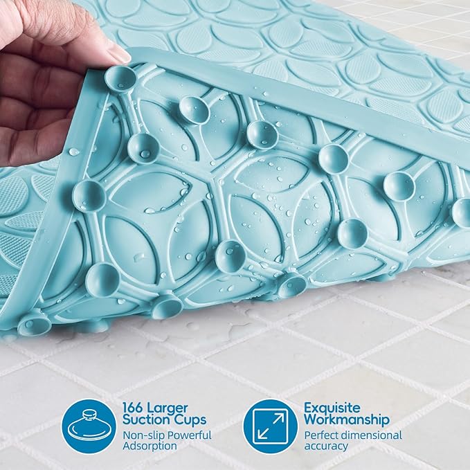 Bathtub Mat Non Slip with Suction Cups - 100% Rubber Bathroom Mat Textured for Bath Tub Shower Safety - Soft on Touch - BPA/PVC Free - Pet Dog Bath Mat - Machine Washable - 16 × 28 Inch（Blue）