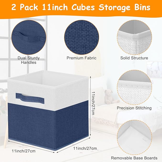 Fiwochic 3 Pack 23" Large Toy Storage Box with 11" Cubes Bins, Collapsible Toy Organizer Chest with Lids for Kids Nursery Playroom Bedroom Living Room Christmas Ornament Storage Box(Navy White)
