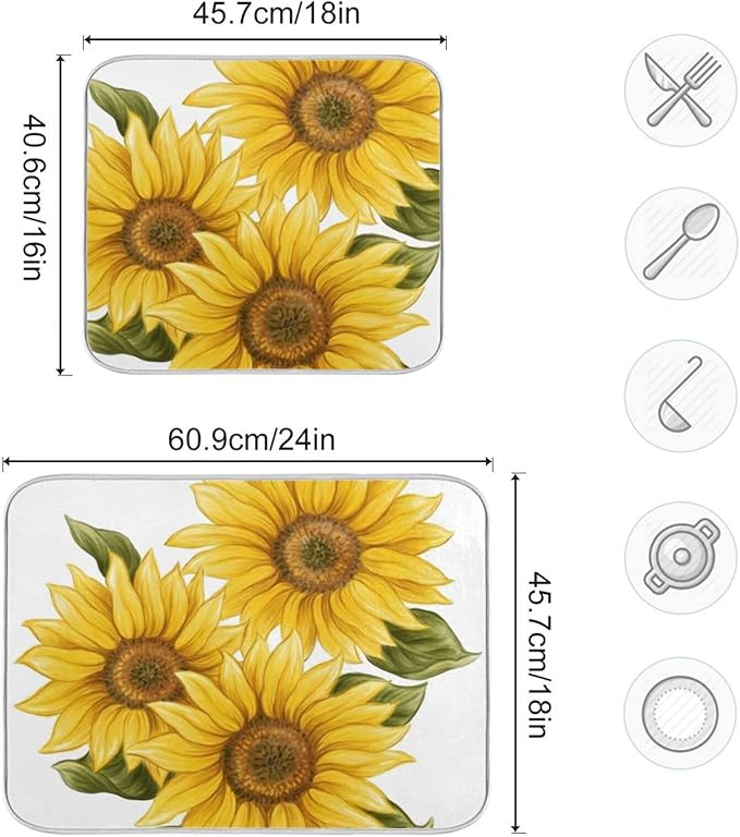 Absorbent Dish Drying Mat for Kitchen Counter - Yellow Sunflower Microfiber Drying Pad, Reversible Drainer Mats for Countertop, Large 18" x 24"
