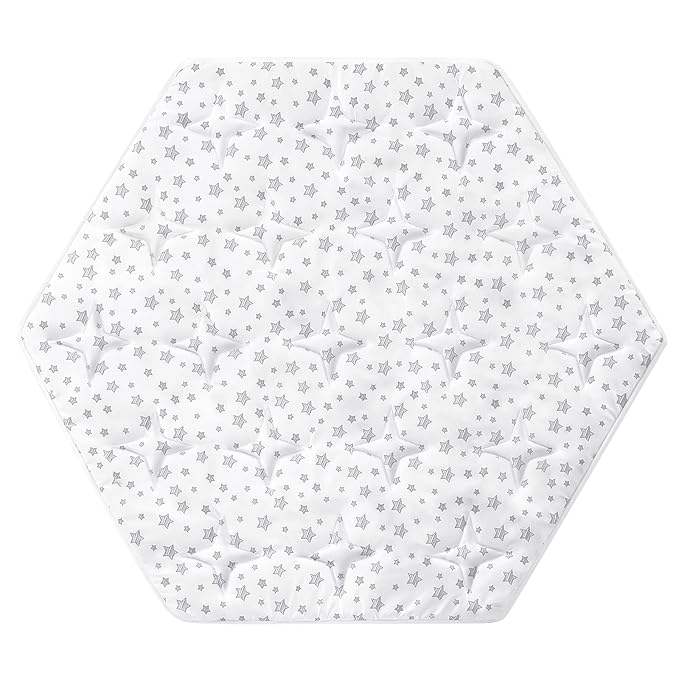 Hexagon Playpen Mat Compatible with POP 'N GO Baby Playpen, 59 Inch Hexagon Playpen Mattress Pad, Non Slip and Padded Play Mat White with Star Print
