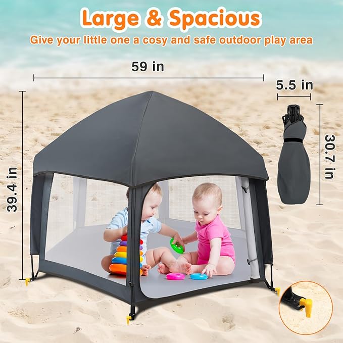 Zooawa Pop Up Playpen for Baby, Portable Playpen for Babies and Toddlers with Removable Sun-Shades& 2 Side UV Covers, Lightweight Outdoor Baby Play-Pen for Beach Home with Travel Bag, Black