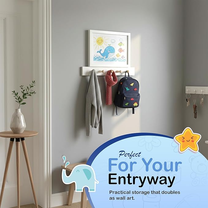 Cata Bella Kids Artwork Frames Changeable with Coat Rack Wall Mount, Wooden Wall Decor with Entryway Hooks and Magnetic Picture Frame, Decorative Organizer for Kids and Home