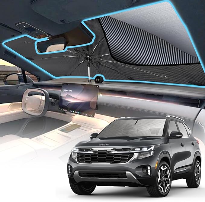 [2025 Upgrade] Windshield Sun Shade Umbrella, Foldable Car Sun Shade with Vinyl Coating Heat Shield UV Ray Reflector Keeps Cool and Protect Interior, for Auto Trucks Sedan SUV (61" x 31")