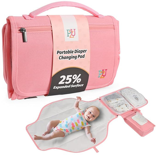 PZU Portable Diaper Changing Pad - Changing Pad Portable with Wipes Pocket, Waterproof Diaper Changing Mat, Portable Changing Pad for Baby, Newborn Gift (Pink)