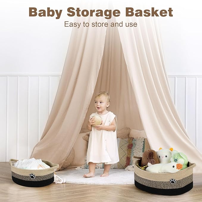 Dog Toy Basket, Toy Box and Bin for Dog Cat Storage, 13.5" X 11" X 5" Small Woven Rope Basket for Baby Storage, Closet, Living Room, Brown & Black