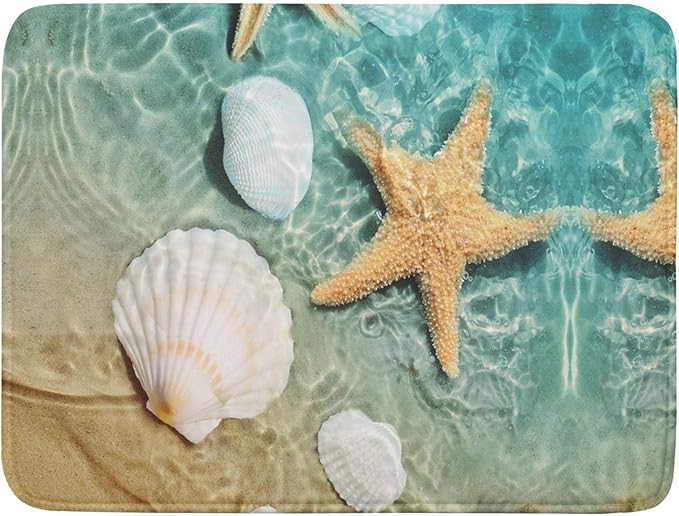 Summer Beach Style Dish Drying Mat for Kitchen Counter,Starfish and Seashell Drying Mat 18 x 24 Inch with High Absorbent Reversible Microfiber Dish Drying Pad Drainer Mat for Coffee Bar