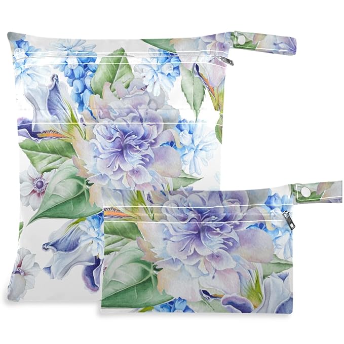 visesunny Hyacinth Iris Anemone 2Pcs Wet Bag with Zippered Pockets Washable Reusable Roomy Diaper Bag for Travel,Beach,Daycare,Stroller,Diapers,Dirty Gym Clothes,Wet Swimsuits,Toiletries