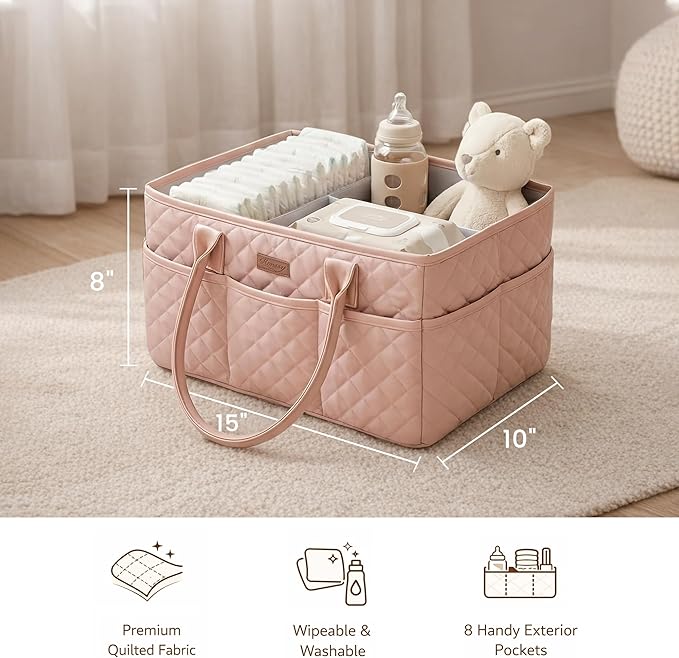 Konssy Quilted Diaper Caddy Organizer, Diaper Caddy Basket with Vegan Leather Handles, Portable Nursery Storage Basket, Water-Repellent Car Organizer, Registry Search Must Haves (Blush Pink)