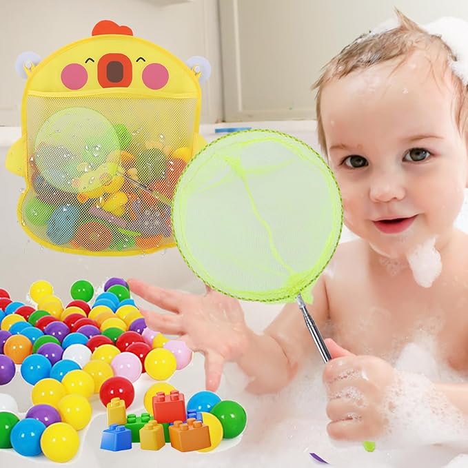 Mesh Bath Toy Organizer & Scoop Set, Cute Bathtub Toy Organizer Net + Bath Toy Scoop + 2 Strong Hooks for Kids & Toddlers Shower Bath Toy Storage