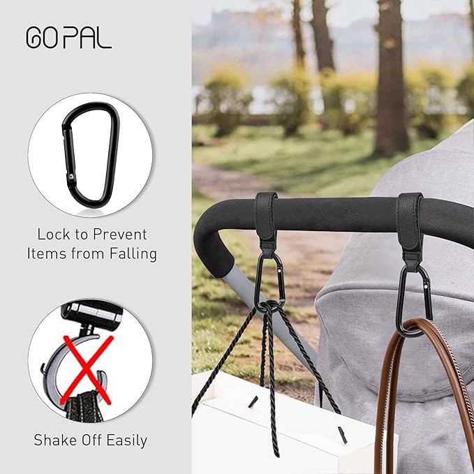 Go Pal 2 Pack Stroller Hooks for Bags, Baby Stroller Clips and Hooks Carry 33lbs Per Stroller Hook, Adjustable Stroller Carabiner Clip for UPPAbaby, DOONA, Baby Jogger, Britax, Chicco