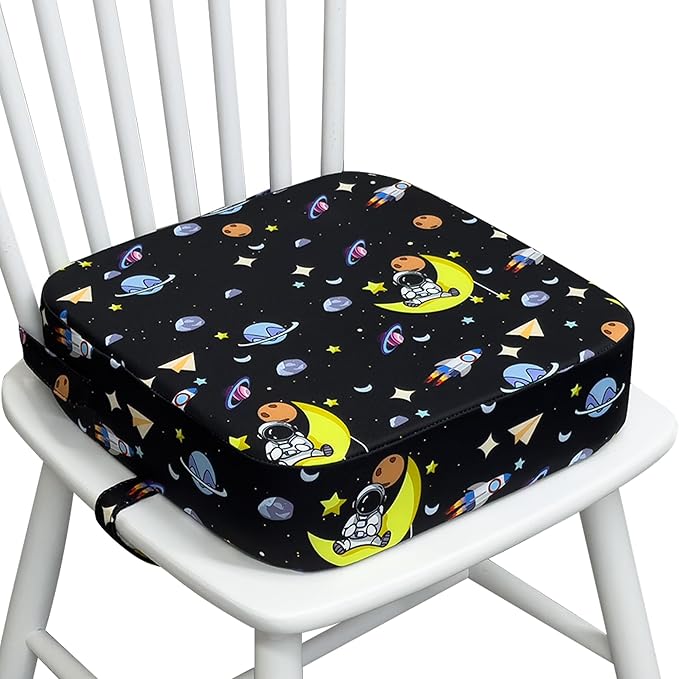 Toddler Booster Seat for Dining Table, Waterproof Kids Booster Seat for Kitchen Chair, High Density Foam Cushion with Non-Slip Bottom, Washable Cover & Adjustable Straps (Black Starry Sky)