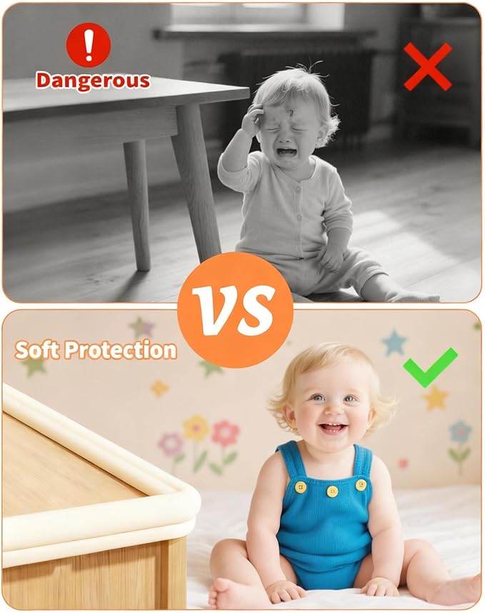 QYV Edge Corner Protector Baby Proofing, 6.56FT 0.6'' Thicken L-Shape Furniture Fireplace Safety Bumper Guard with 6 Corners, Pre-Taped, Soft NBR Rubber Foam, Table Edge Protector for Baby (Beige)