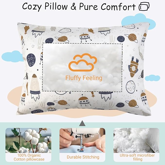 ZPECC Toddler Pillow with Pillowcase - 13x18 Organic Cotton Hypoallergenic Kids Pillow, Baby Essentials for Travel Crib Daycare Stroller (Intended for Age 2 and up) Universe
