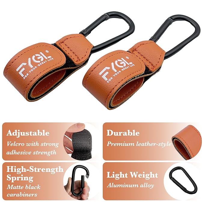Stroller Hooks - Leather Buggy Clips, Pushchair Carabiner Clip for Bags, Easy Attachment for Pram, Universal Stroller Clips and Hooks, Stroller Accessories - Orange (2 Pack)