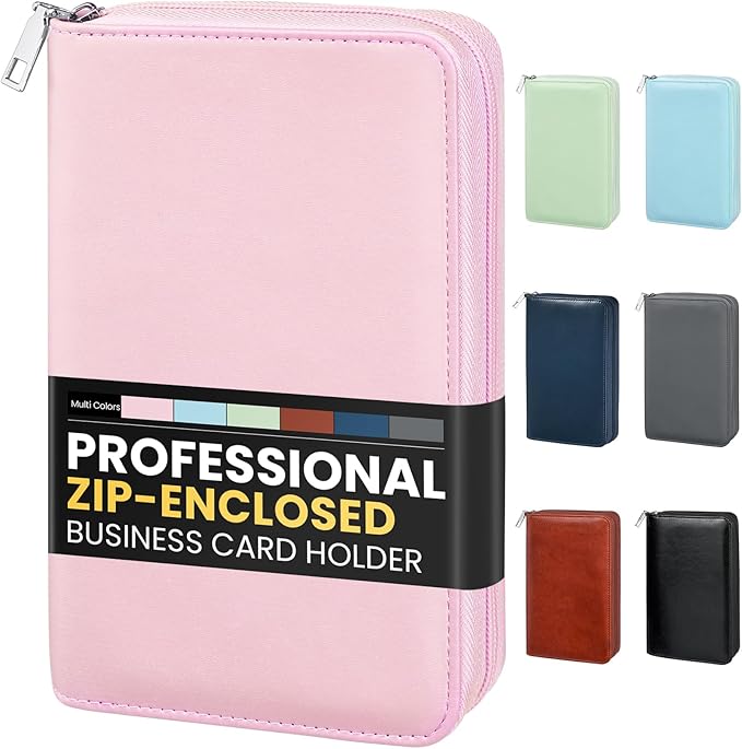 Sooez Zip-Enclosed Business Card Holder Organizer, Professional Credit Card Case Book for Women Men, 240 Capacity, Premium Vegan Leather Gift Card Organizer Storage, Business Card Wallet, Light Pink