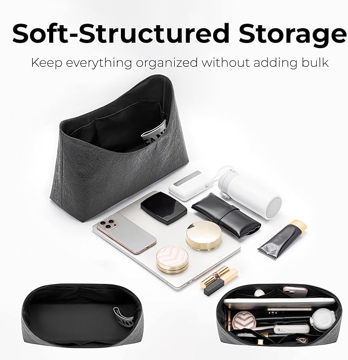 Handbag Organizer Insert for LV CarryAll Dark Vibe MM, Custom Fit Inside Premium Matte Black Lightweight Purse Insert with Cup Holder Accessories