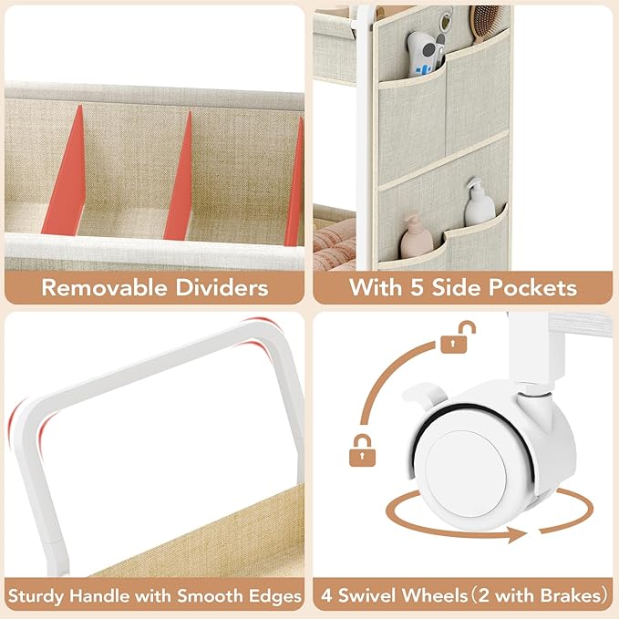BBLIKE 3-Tier Diaper Caddy Organizer - Rolling Utility Baby Cart with Basket and Side Pockets for Nursery and Baby Essentials, Multi-Function Cart for Bedroom and Bathroom, Begie