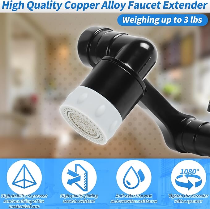Longing Home 1080° Swivel Faucet Extender with 2 Function, Heavy Duty Rotating Sink Extension, Universal Swivel Robotic Arm, Rotating Splash Filter Extension for Kitchen Bathroom-2 Pcs/Black
