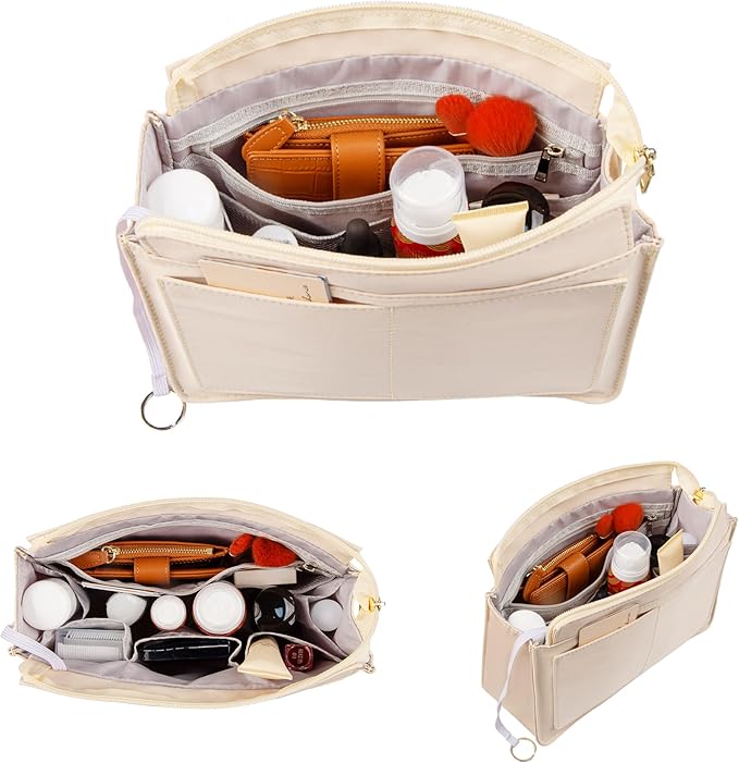 Vercord Purse Organizer Insert with Zipper for Women Hobo Handbags Shaper Insert 12 Pockets Bag Beige Large