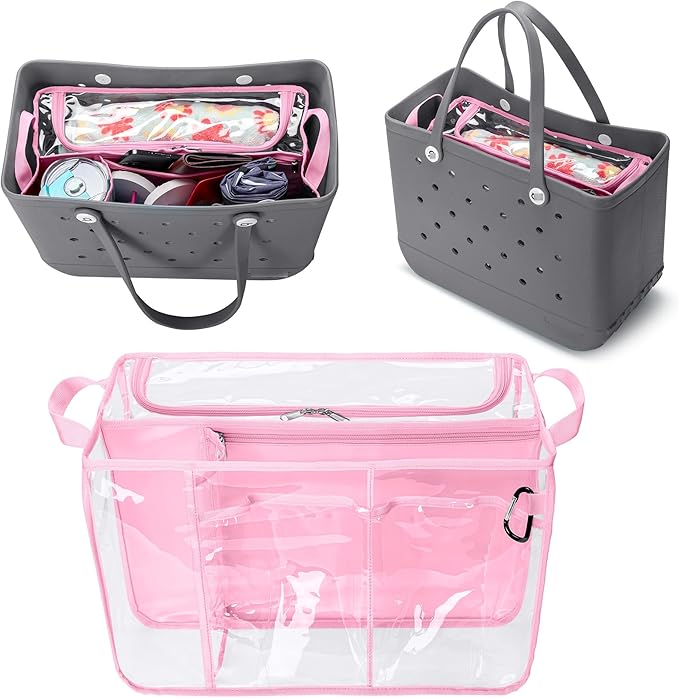 Clear Beach Bag Organizer Insert Compatible with BOGG BAG Original X Large, Zipper Organizer Liner Compatible with BOGG BAG Original X Large, Insert Divider Pouch with 2 Compartments, Pink