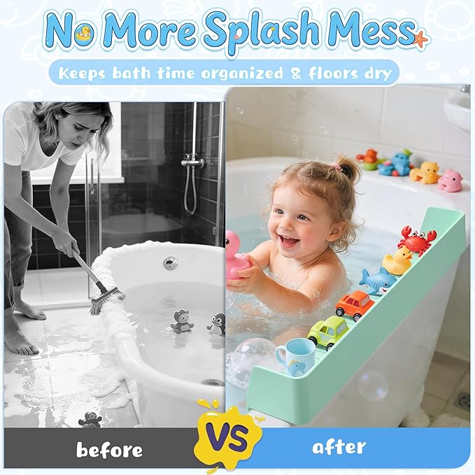 Splash Guard for Bathtub, Silicone Bathtub Splash Guard with Suction Cups, Bath Toys Holder Shelf, Bath Tub Side Tray for Bathroom Storage and Water Spill Prevention, Green