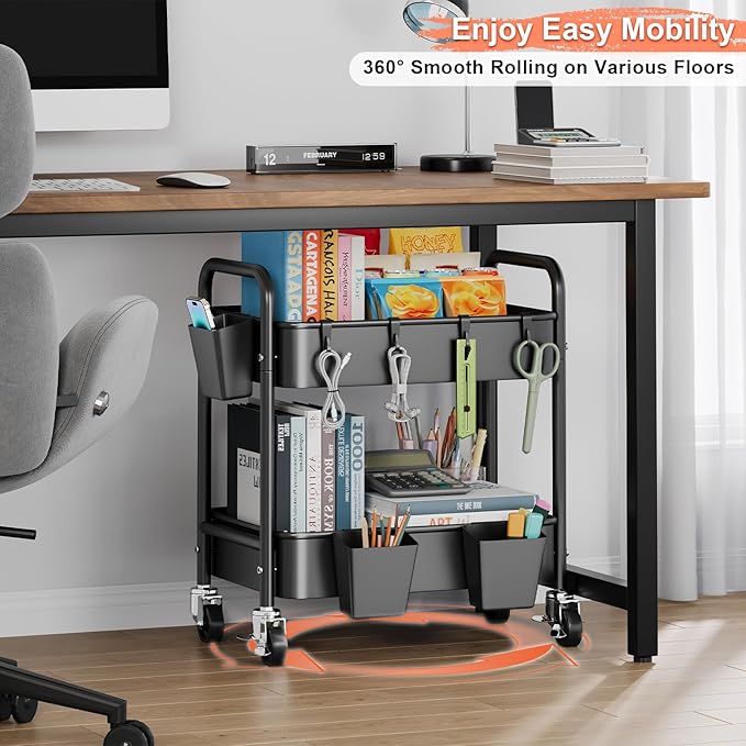 2 Tier Metal Rolling Utility Cart with Wheels Under Desk Storage Cart with Handle, Roll Around Organizer Trolley for Small Space Pantry Bathroom Home Kitchen Office Snack Baby Supplies, Black