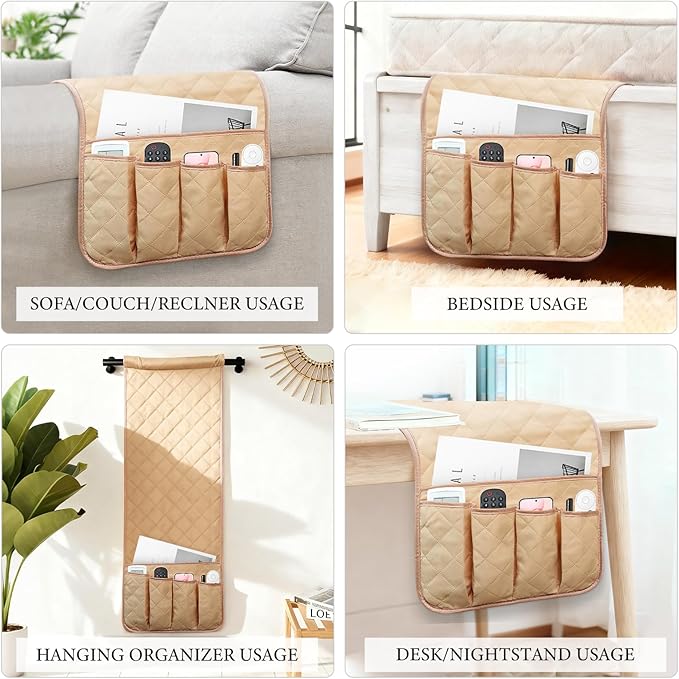 Armchair Caddy Couch Caddy, Remote Control Holder, Non-Slip Sofa Armrest Organizer, Couch Organizer with 5 Pockets, for Cell Phone TV Remote Holder Magazines (LIGHT KHAKI)