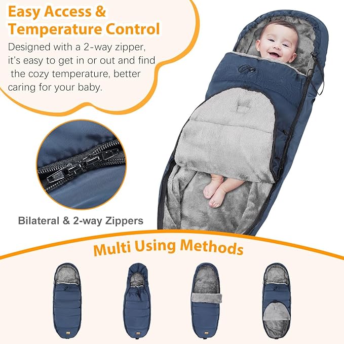 Zooawa Stroller Bunting Bag Universal, Waterproof Baby Stroller Footmuff, Stroller Sleeping Bag for Cold Weather, Extra Thick, Fits 6-36 Months Baby, Dark Blue