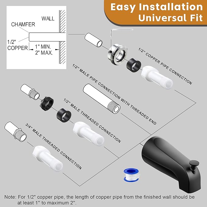 Dreyoo Tub Spout (Universal Fits 1/2" Copper Pipe, 1/2" IPS and 3/4" IPS), Bathroom Bathtub Faucet with Adapters and Hex Wrench(Matte Black,Simple)
