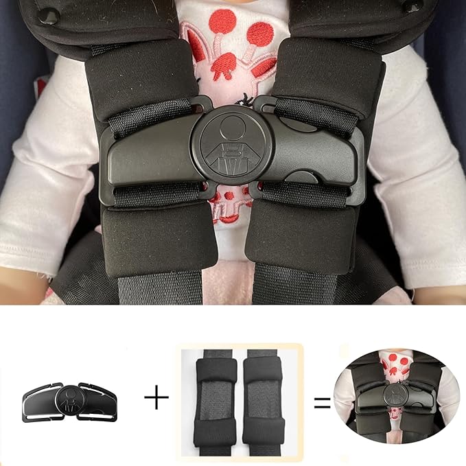 Universal Child Car Seat Chest Harness Clip Universal Safer Belt Clip Buckle Lock Stroller Chest Clip Adjustable Guard for Baby and Kids (Chest Clip and Pad Set-Black)
