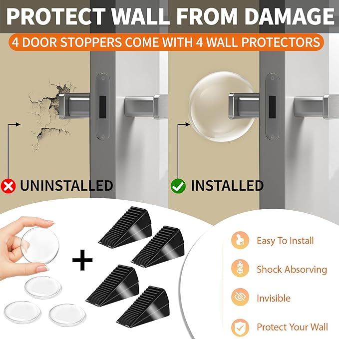 ZDZQJIA Heavy Duty Door Stoppers for Bottom of Door - Adjustable Spring Large Door Stop Wedge, Anti-Slip Rubber Grip,3" High Metal Doorstop Suits Carpet,Tile,Commercial,Home-Black4Pc+4 Wall Protectors
