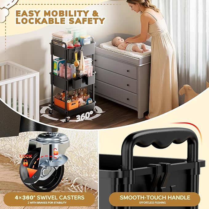 Goovilla Diaper Cart with Lockable Wheels and Easy Assembly, 3 Tier Black Rolling Cart for Baby Nursery Storage, Sturdy Ample Diaper Caddy Organizer for Baby Girl, Boy, New Mom, Newborn Essentials