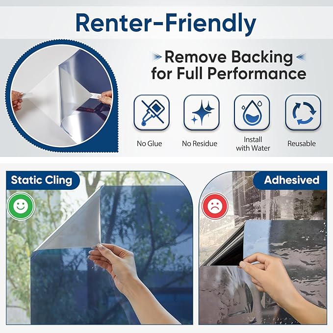 SUNBABY Window Tint for Home, One Way Privacy Film Heat & UV Blocking, Static Cling No Glue Renter Friendly Cover for Home Bedroom, Office & Sliding Glass Door, 23.6 x 78.7 Inch with 3 Tools, Blue