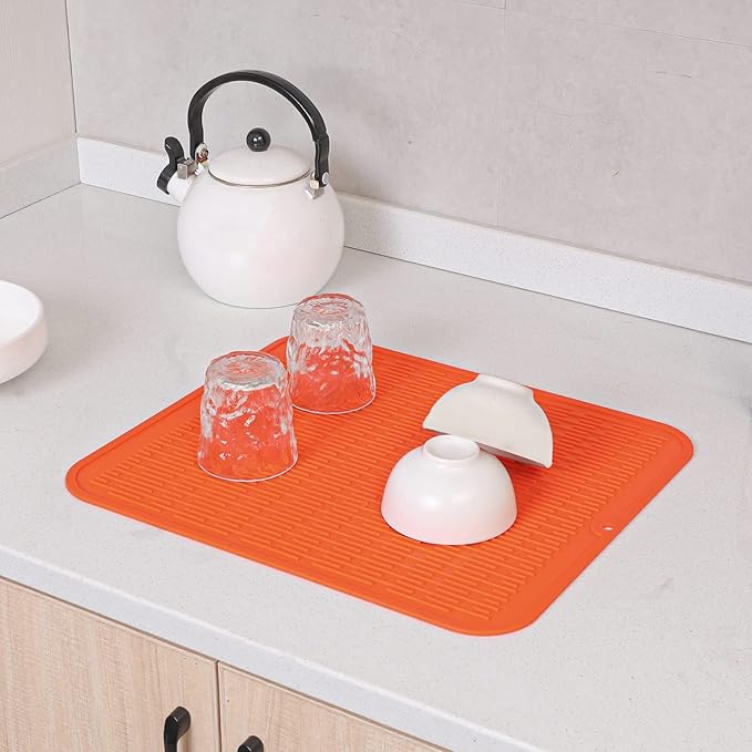 MicoYang Silicone Dish Drying Mat for Multiple Usage,Easy clean,Eco-friendly,Heat-resistant Silicone Mat for Kitchen Counter or Sink,Refrigerator or Drawer Liner Orange 2XL 24 inches x 18 inches