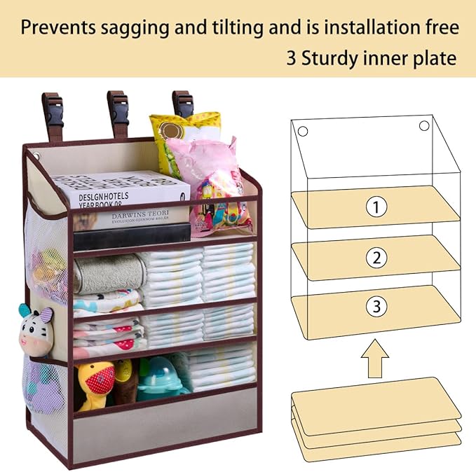 WishJazz XL Hanging Diaper Caddy Organizer for Changing Table, Crib, Playard, Wall, Reinforced 3-Tier Diaper Caddy with Mesh Pockets， Nursery Organizer-Hold 90+Diaper for Newborn Baby Essentials