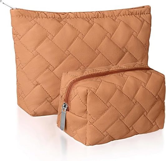 2 Pc Christmas Gift Makeup Bag Set Cute Quilted Cosmetic Pouch for Women Travel Toiletry Bag Preppy Small Makeup Purse Pouch Skincare Brushes Storage Organizer Pencil Case Set(Brown)