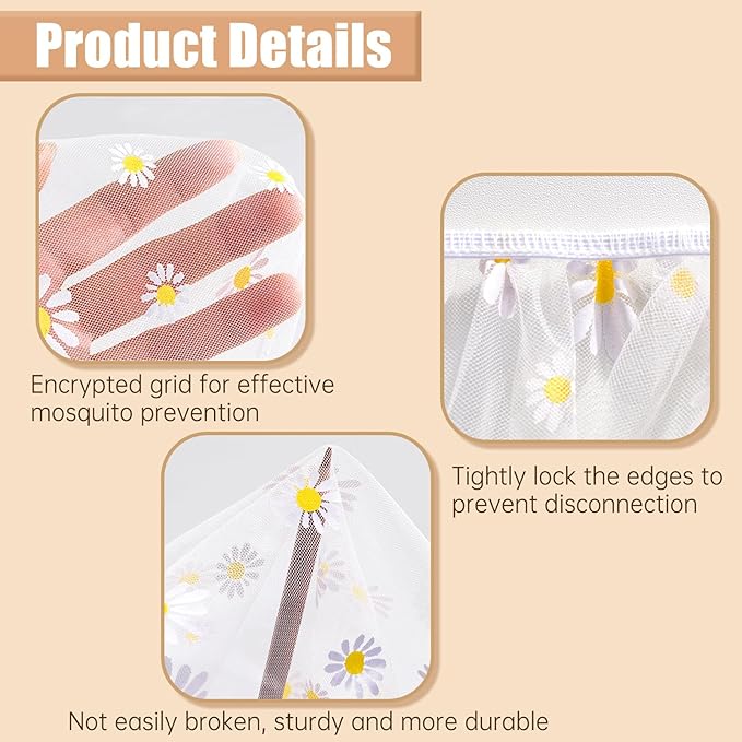 BQSAZHYJ Mosquito Net for Baby Pram, Daisy Print Stroller Netting Cover - Perfect Bug Net for Strollers, Bassinets, Mini Crib, Cradles and Playards (White Daisy)