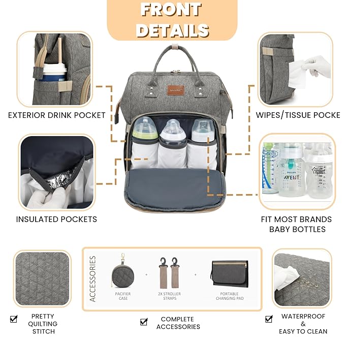 ROSEGIN Baby Diaper Bag Backpack with Changing Pad, Pacifier Case, for Boy Girl Toddler - Large, Stylish, Waterproof Travel Quilted Diaper Bag for Mom - Baby Shower Gifts - Grey